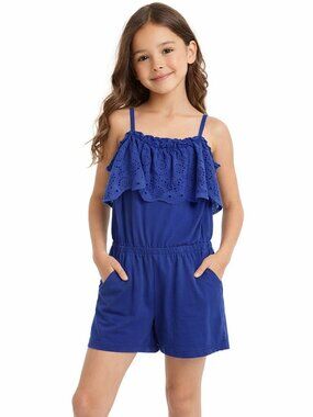 Cat & Jack Girls Blue Romper Eyelet Flounce Size Medium 8/10